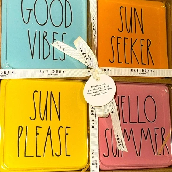 NWT HTF Rae Dunn Ceramic 4 Piece Boxed Bright Coasters Good Vibes Sun Seeker - Picture 7 of 7